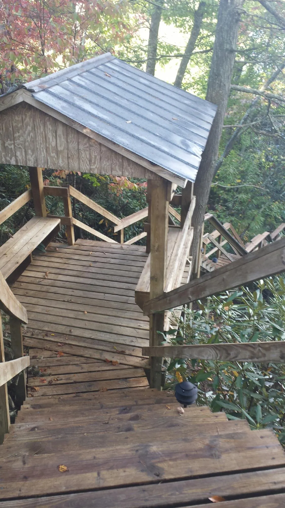 Metal roofed shelter over wooden steps on a wooded walkway — Skylight Repair & Installation work by our crew in Bon Secour